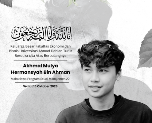 Poster berita duka cita FEB UAD atas meninggalnya Akhmal Mulya Hermansyah Bin Ahman mahasiswa Manajemen angkatan 22